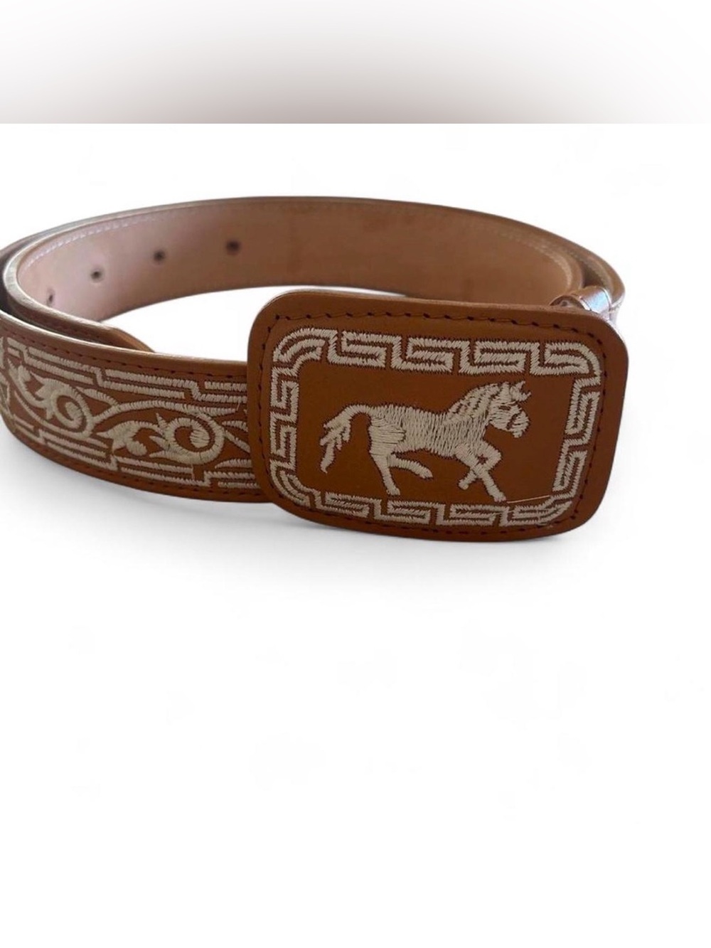 Source Unknown Tan Leather Belt with Cream Horse Embroidery